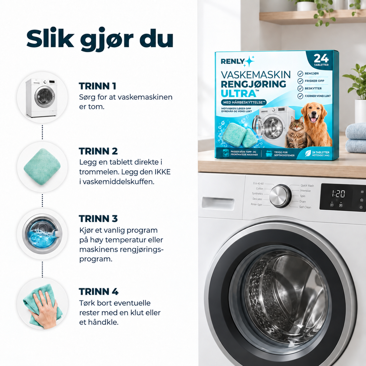 Slik bruker du Renly Pro i vaskemaskinen
